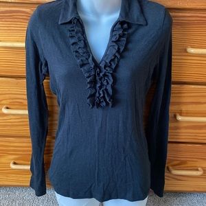 Tory Burch Long Sleeve Black Polo Ruffle Front V neck Cotton Spandex S w/collar